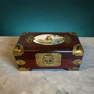Vintage Chinese Rosewood Jewelry Box Brass Accents Hand Painted Porcelain Inlay